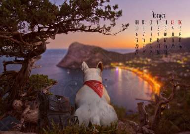 Образец фотомонтажа - календарь на август с собакой