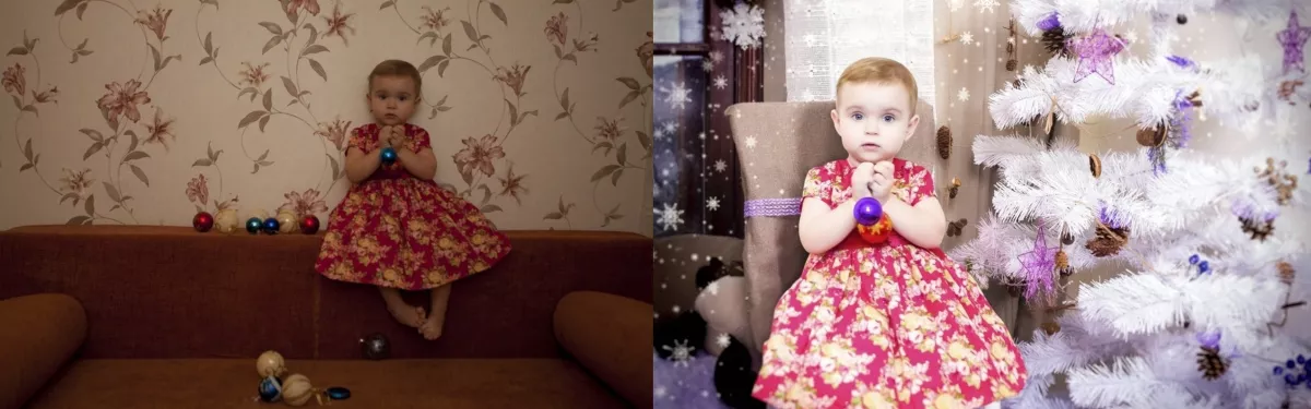 Замена образа на новогодний Образец фотомонтаж до/после