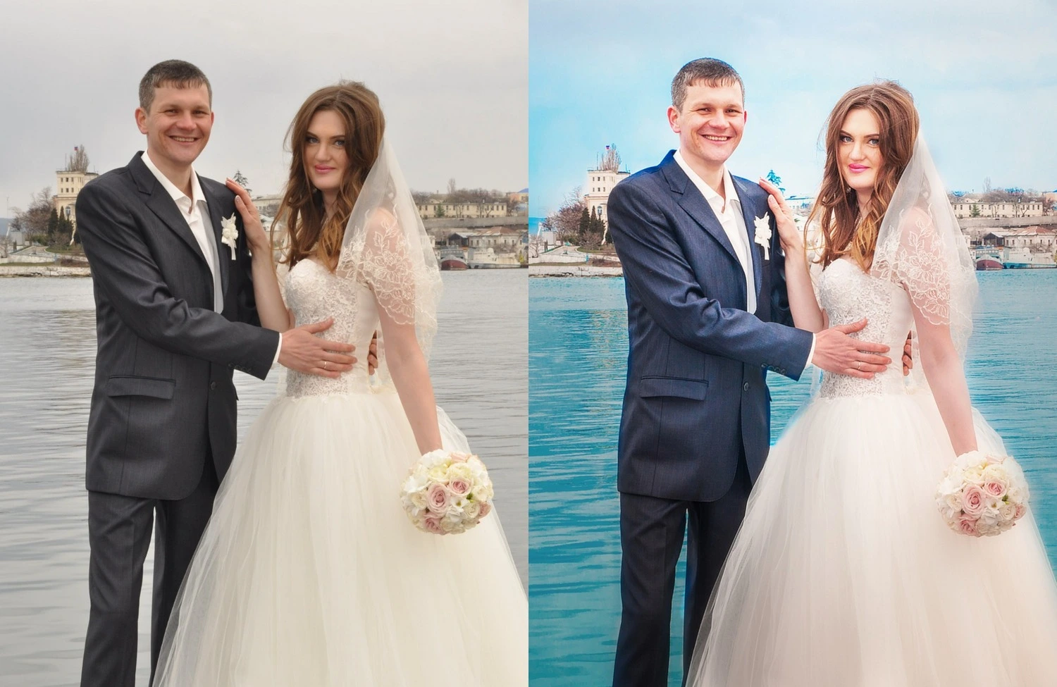 Усиление цветовой гаммы, ретушь и добавление четкости Комплексная ретушь свадебного фото